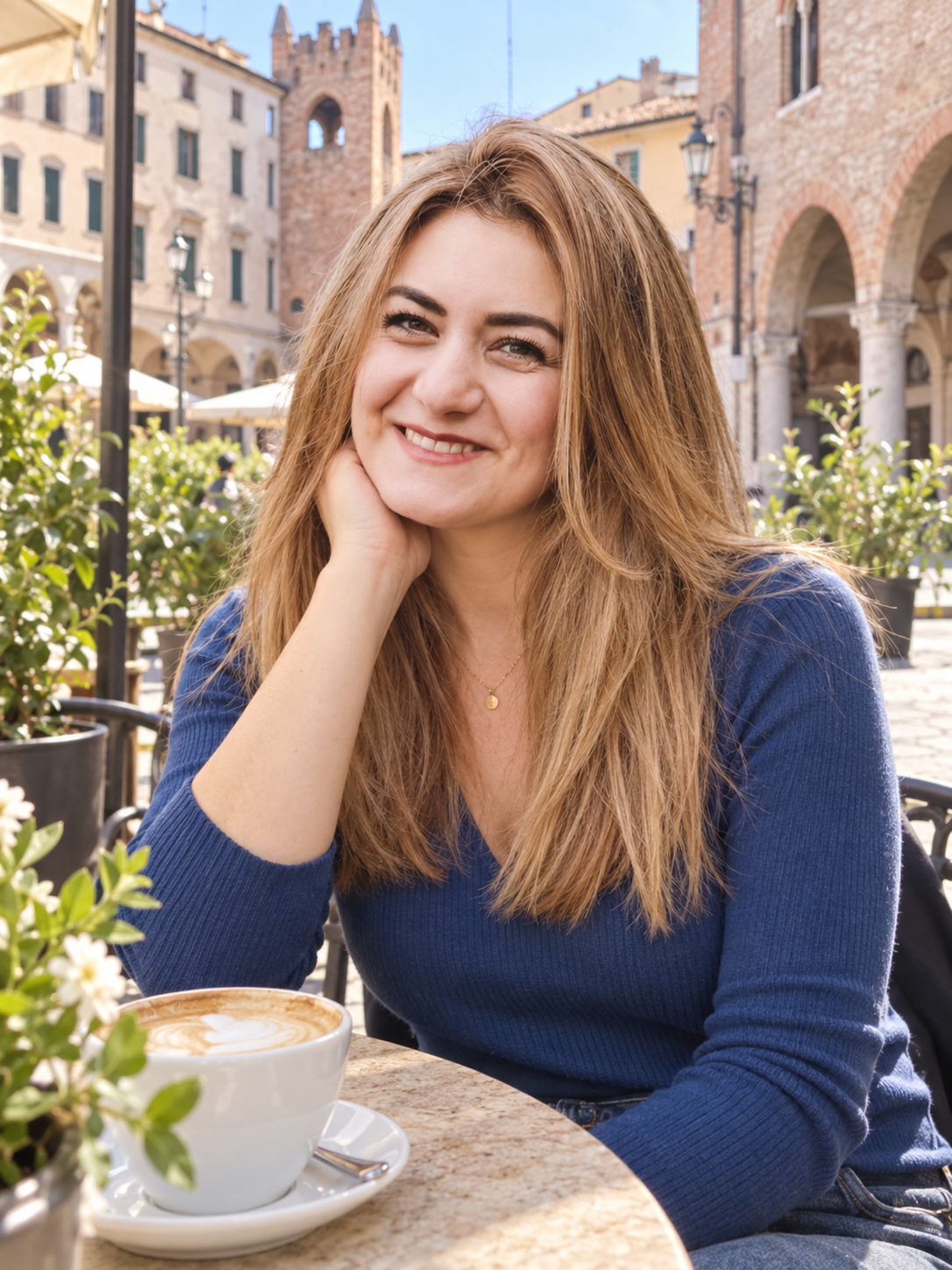 Giulia seduta a un bar